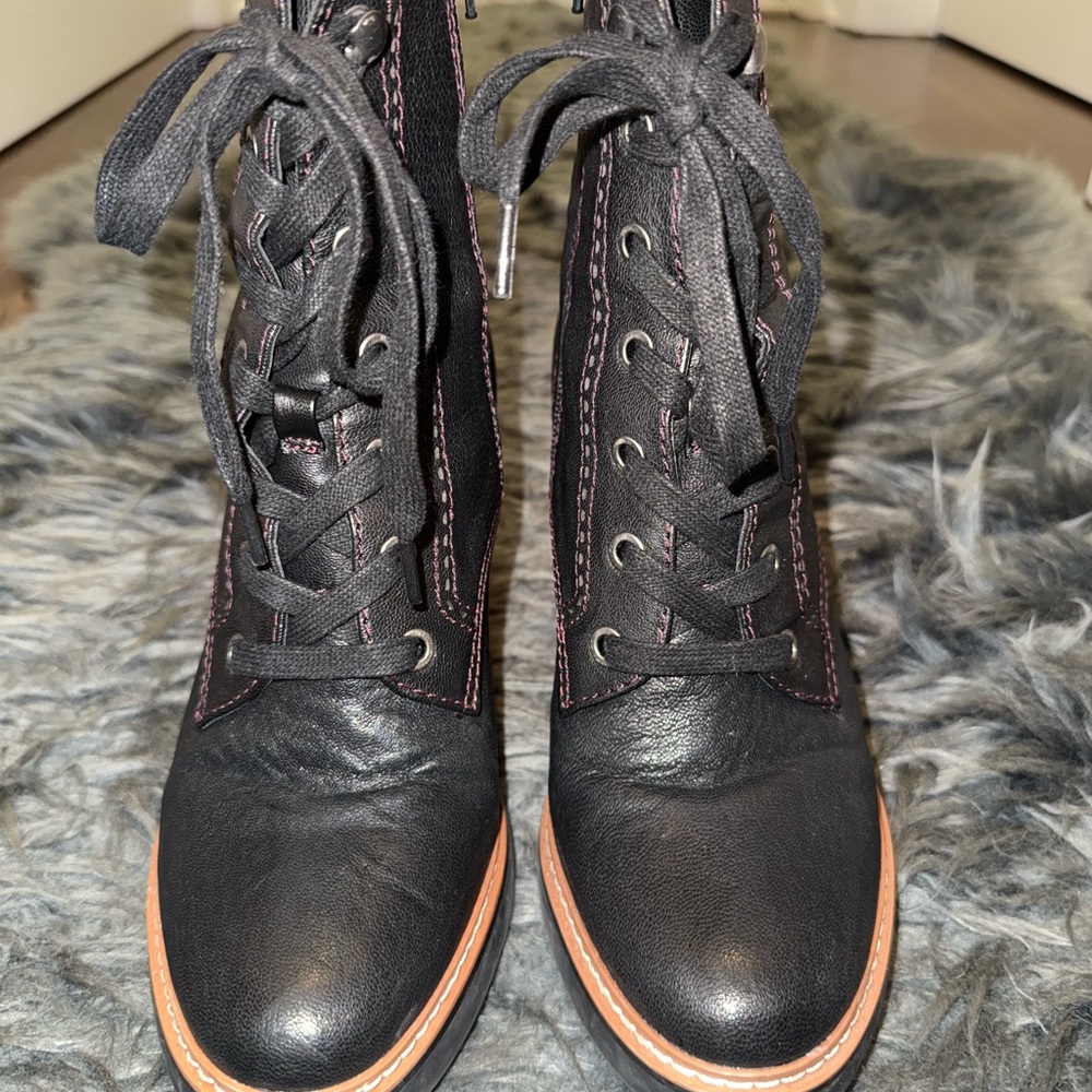 Black Lace-Up Block Heel Boot